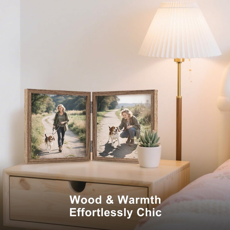 Forev 5x5 Double Picture Frame Wooden Hinged Photo Frame Definition Glass Stand Vertically on Desktop or Tabletop - Image 5